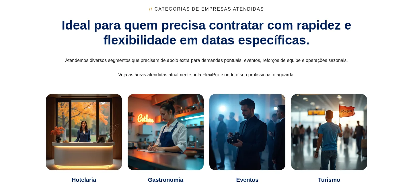 Área do website da FlexiPro voltada a empresas contratantes, com as categorias atendidas.