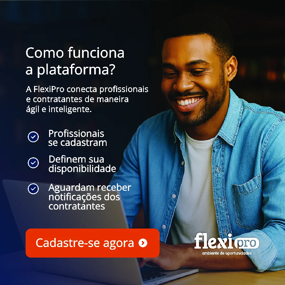 Peça para redes sociais da FlexiPro explicando como funciona a plataforma para profissionais.