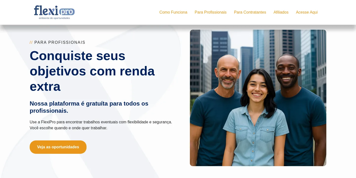 Área do website da FlexiPro voltada a profissionais em busca de oportunidades de trabalho eventual.