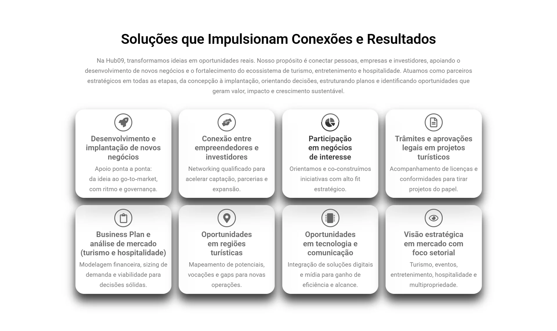 Seção do website Hub09 apresentando soluções e frentes de atuação.