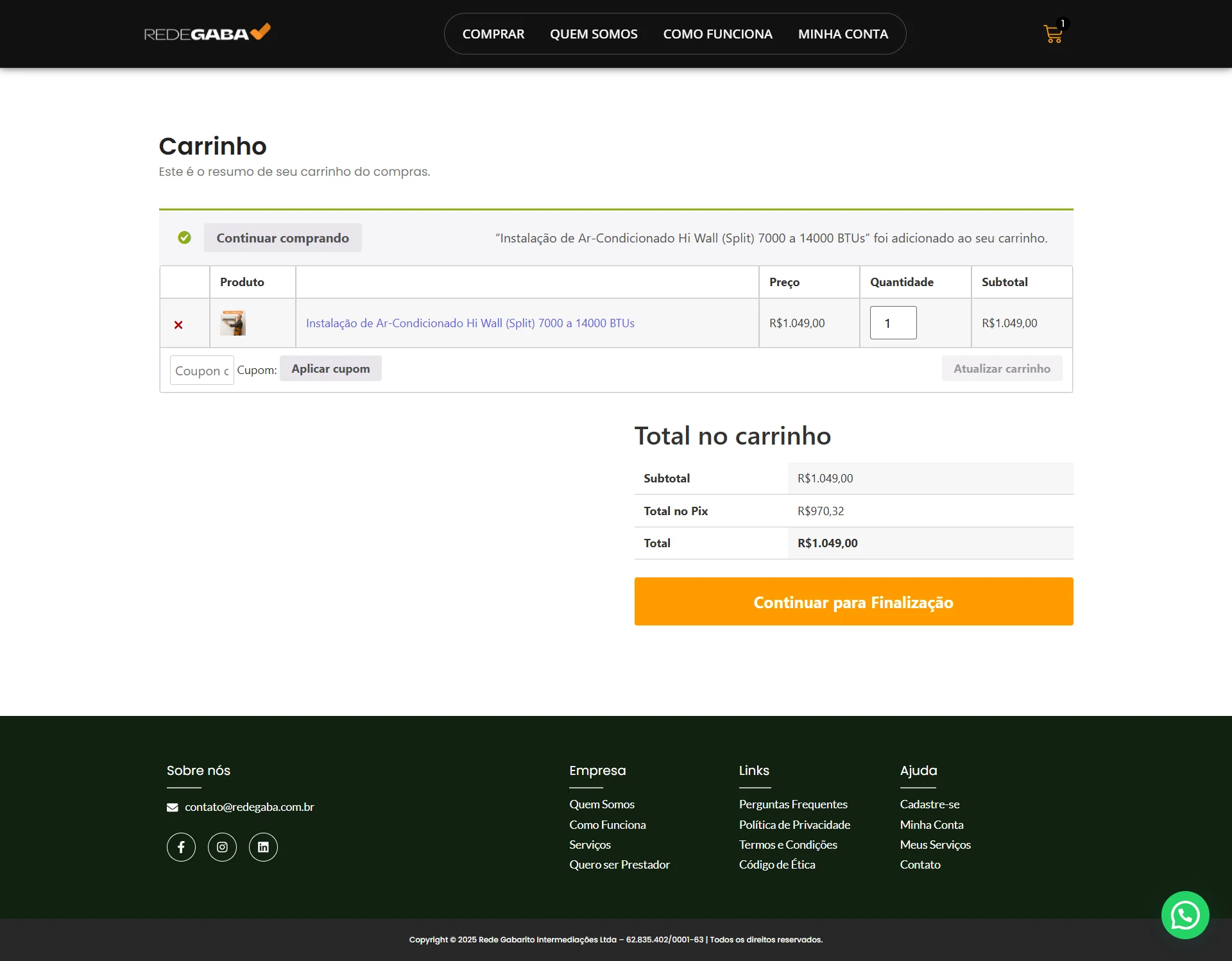 Carrinho de compras da loja digital Rede Gaba com serviço de instalação selecionado.