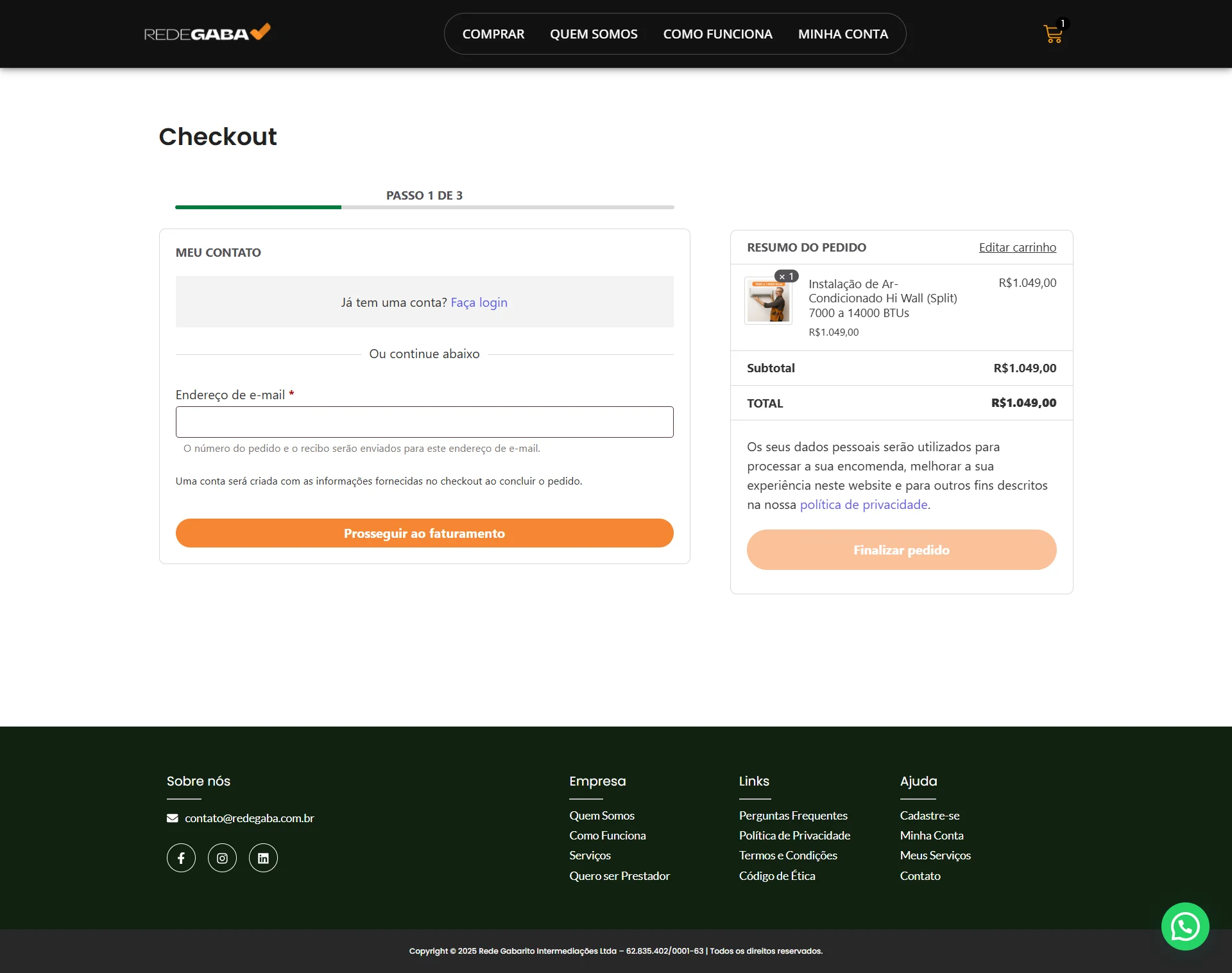 Checkout da loja digital Rede Gaba para finalização da contratação do serviço.