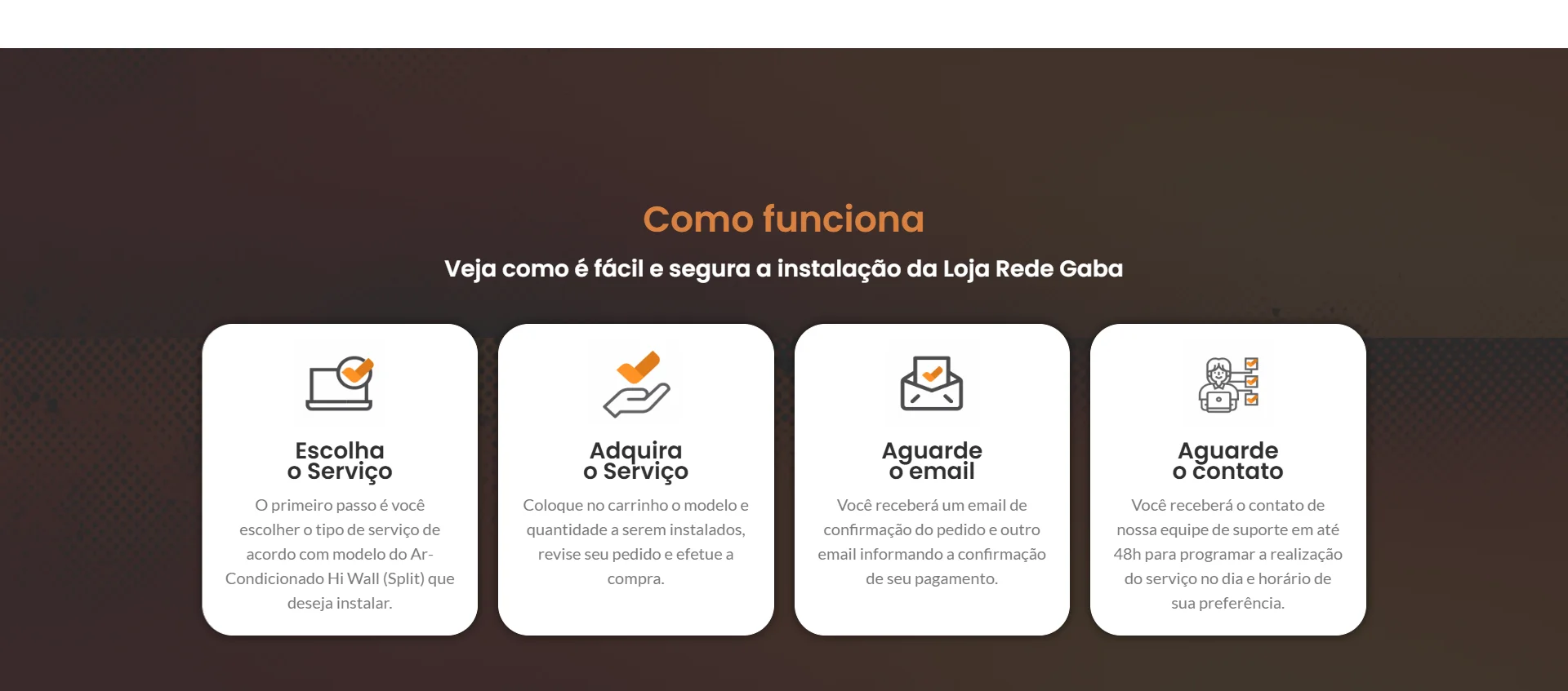 Seção Como Funciona da loja Rede Gaba mostrando os passos da contratação: escolha, compra, confirmação e agendamento.