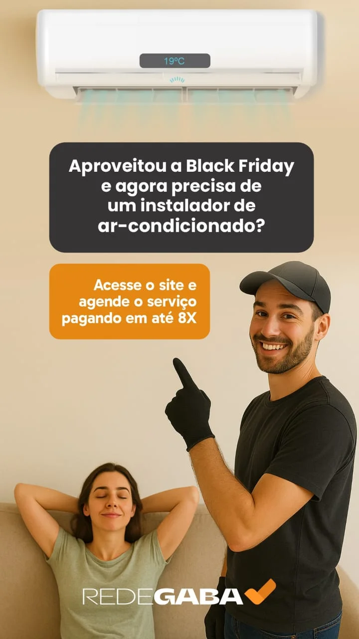 Campanha promocional da Rede Gaba para contratação de instalação de ar-condicionado.